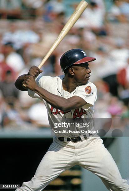 S: Outfielder Hank Aaron of the Atlanta Braves stands at the plate ready to hit during a circa mid 1960's Major League Baseball game at Atlanta Futon...