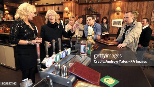 The Duchess of Cornwall meets actors Beverley Callard, who plays landlady Liz McDonald , Anne Kirkbride, who plays the role of Deirdre Barlow and...