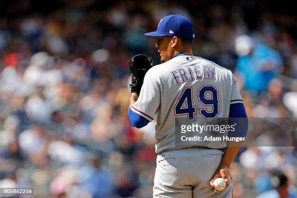 Ernesto Frieri of the Texas Rangers pitches against the New York Yankees during the sixth inning at Yankee Stadium on June 25, 2017 in the Bronx...