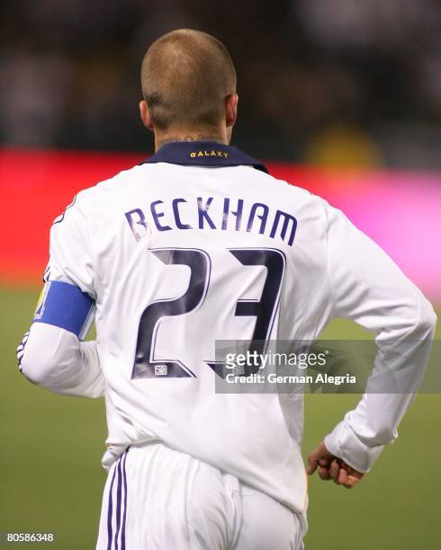 David Beckham of LA Galaxy looks on during the match against the San Jose Earthquakes at Home Depot Center on April 3, 2008 in Carson, California.