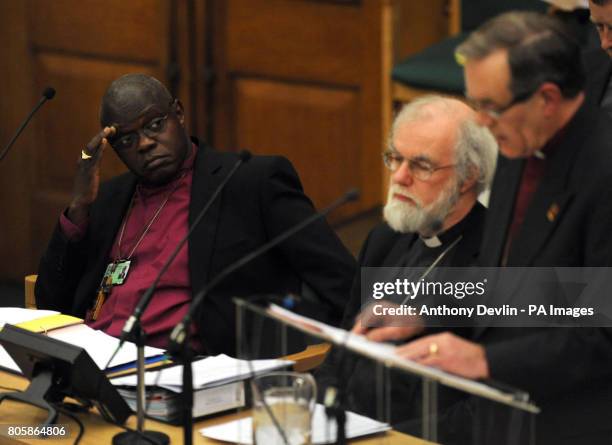 The Archbishop of York, Dr John Sentamu, and the Archbishop of Canterbury Dr Rowan Williams listen as the Rt Rev Nigel McCulloch addresses the...