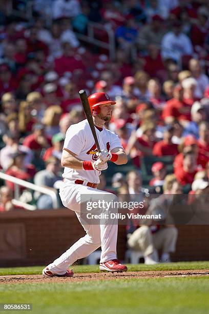 Chris Duncan of the St. Louis Cardinals bats against the Washington Nationals on April 6, 2008 at Busch Stadium in St. Louis, Missouri. The Cardinals...