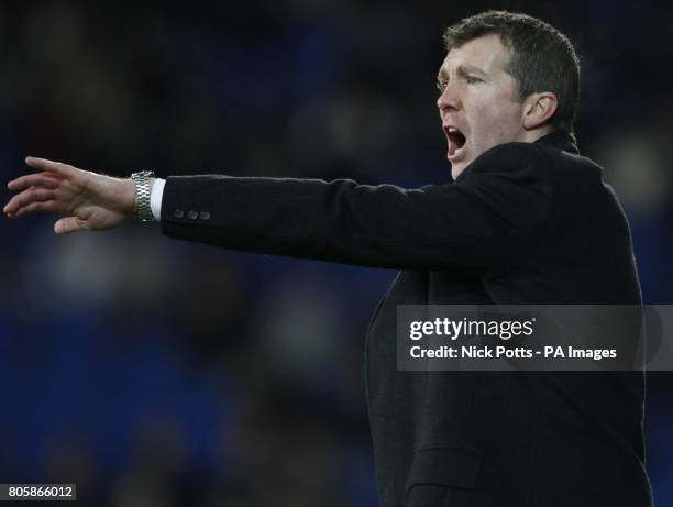 Peterborough United Manager Jim Gannon shouts instructions during the Coca-Cola Championship match at the Cardiff City Stadium, Cardiff.