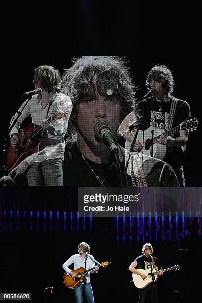 Andy Burrows and Johnny Borrell of Razorlight perform live on stage during the second night of a series of concerts and events in aid of Teenage...