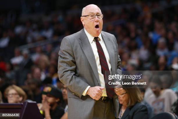Head coach Mike Thibault of the Washington Mystics looks on against the Los Angeles Sparks during a WNBA basketball game at Staples Center on July 2,...