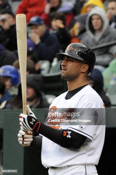Outfielder Nick Markakis of the Baltimore Orioles awaits his next at bat during a game on April 6, 2008 against the Seattle Mariners at Camden Yards...