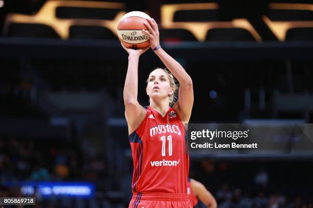 Elena Delle Donne of the Washington Mystics handles the ball against the Los Angeles Sparks during a WNBA basketball game at Staples Center on July...