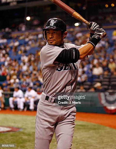 Ichiro Suzuki of the Seattle Mariners prepares to bat against the Tampa Bay Rays during the game on April 9, 2008 at Tropicana Field in St....