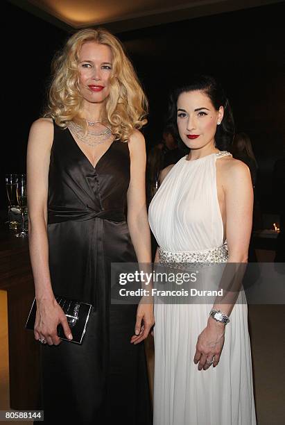 Topmodel Claudia Schiffer and burlesque artist Dita von Teese attend the 'Writing Time', Robert Wilson's watch launch gala hosted by Montblanc during...