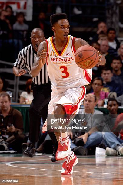 Brandon Jennings of the West team drives upcourt during the McDonald's All-American High School game against the East team on March 26, 2008 at the...