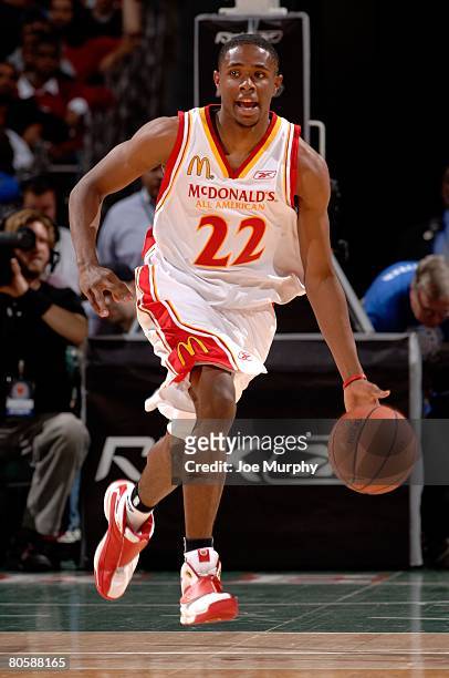 Larry Drew II of the West team drives upcourt during the McDonald's All-American High School game against the East team on March 26, 2008 at the...