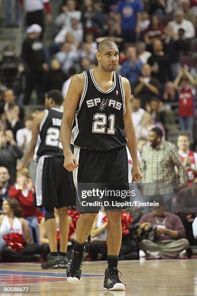 Tim Duncan of the San Antonio Spurs walks down the court during the game against the Detroit Pistons on March 14, 2008 at the Palace of Auburn Hills...