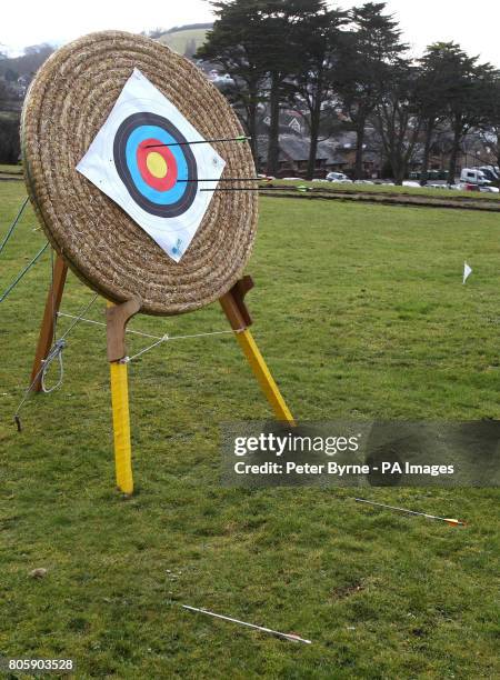 An archery target, with two arrows shot by Prince William laying on the ground - the three arrows which hit the target were fired by Clive Jones a...