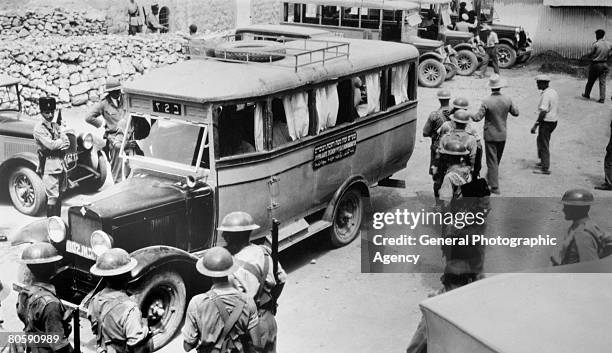 Coach arrives in Hebron from Jerusalem to salvage possessions from Jewish houses after a disturbance, circa 1930. 67 Jews were killed in the 1929...