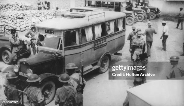 Coach arrives in Hebron from Jerusalem to salvage possessions from Jewish houses after a disturbance, circa 1930. 67 Jews were killed in the 1929...