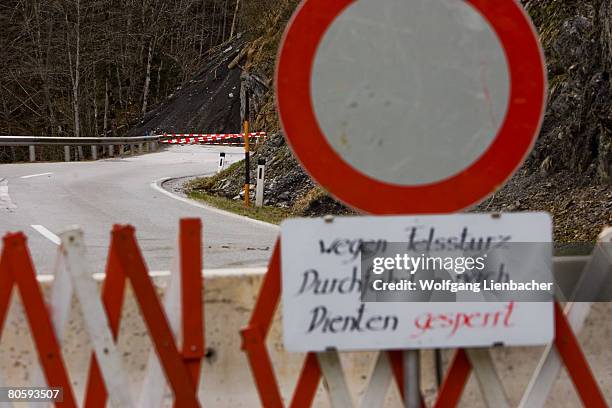 The street between the city of Embach and Dienten is seen partly destroyed and covered with debris after an approximately sixty meter long landslide...