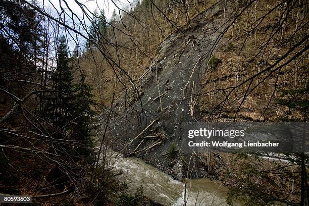 The street between the city of Embach and Dienten is seen partly destroyed and covered with debris after an approximately sixty meter long landslide...