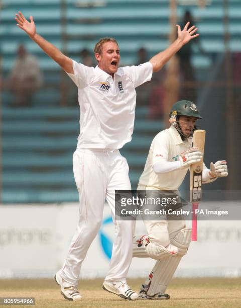 England's Stuart Broad unsuccessfully appeals for the wicket of Bangladesh's Mushfiqur Rahim during the First Test at the Jahur Ahmed Chowdhury...