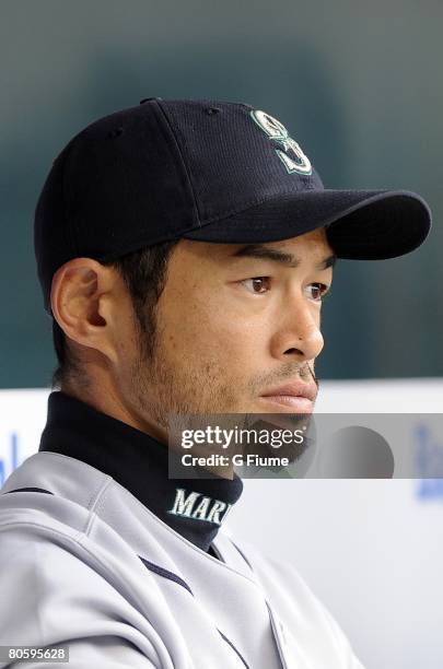 Ichiro Suzuki of the Seattle Mariners watches the game against the Baltimore Orioles April 6, 2008 at Camden Yards in Baltimore , Maryland.