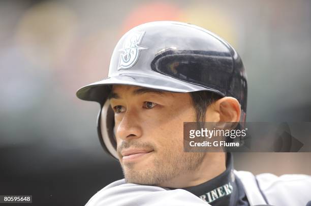 Ichiro Suzuki of the Seattle Mariners waits in the on deck circle during the game against the Baltimore Orioles April 6, 2008 at Camden Yards in...