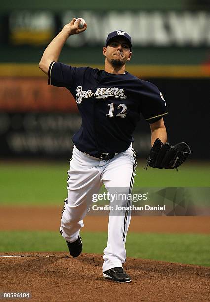 Starting pitcher Carlos Villanueva of the Milwaukee Brewers delivers the ball against the Cincinnati Reds on April 10, 2008 at Miller Park in...