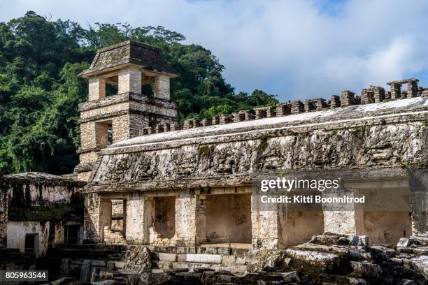 the palace observation tower in palenque, a mayan site in mexico - palace fotografías e imágenes de stock