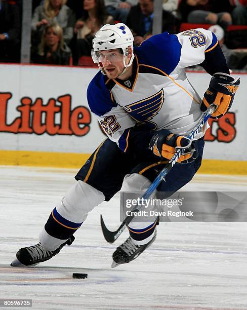 Brad Boyes of the St. Louis Blues skates up ice during a NHL game against the Detroit Red Wings on March 28, 2008 at Joe Louis Arena in Detroit,...