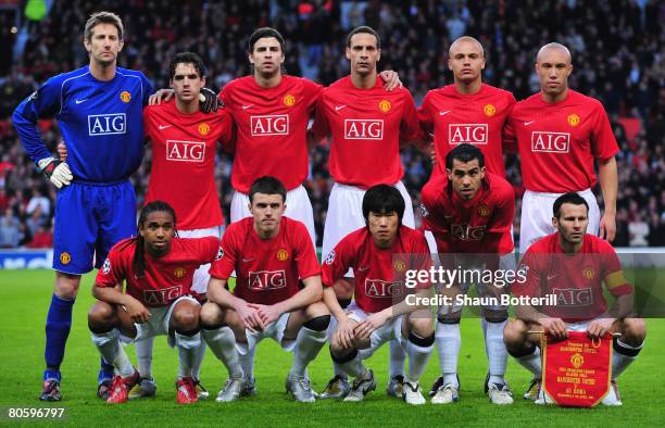 Manchester United team line up prior to the UEFA Champions League Quarter Final 2nd leg match between Manchester United and AS Roma at Old Trafford...