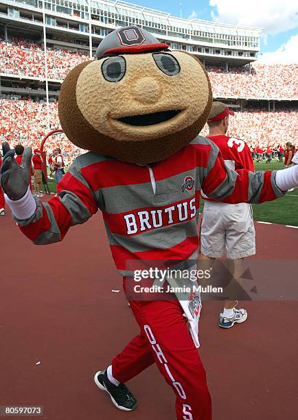 Ohio State mascot, Brutus Buckeye, during the game against the Miami Redhawks, September 3 in Columbus, Ohio. The Buckeyes beat the Redhawks 34-10.