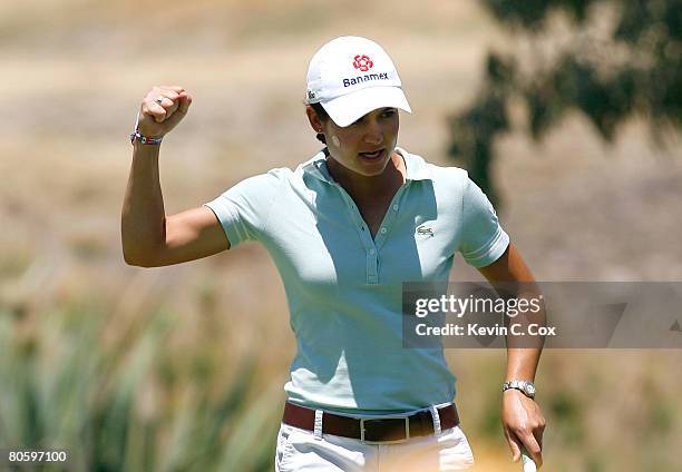 Lorena Ochoa of Mexico reacts after sinking an eagle putt on the fifth green during the first round of the Corona Championship April 10, 2008 at Tres...