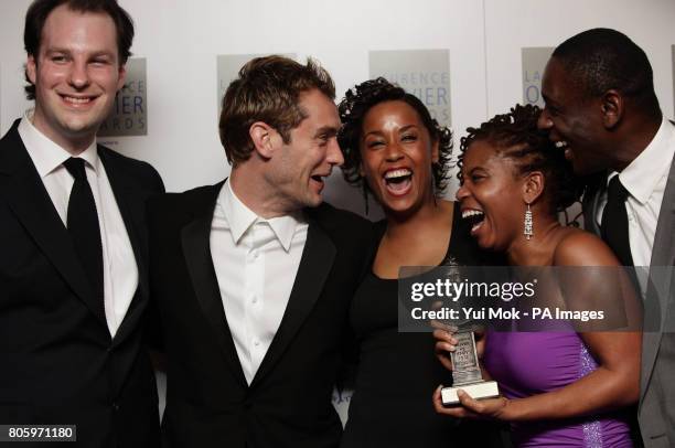 Jude Law presents James Dacre , Lorraine Burroughs , Katori Hall and David Harewood with their Best New Play Award for The Mountaintop, during the...