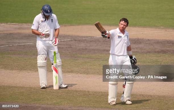 England's Ian Bell salutes the crowd after reaching his century during the second test at the Shere Bangla National Stadium, Mirpur, Dhaka.