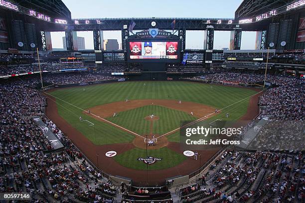 General view of the stadium is shown during the first pitch of the Los Angeles Dodgers game against the Arizona Diamondbacks at Chase Field on April...