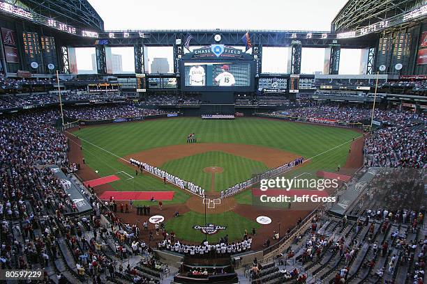 General view of the stadium is shown during the National Anthem before the Los Angeles Dodgers game against the Arizona Diamondbacks at Chase Field...