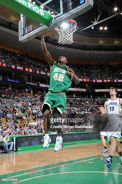 Tony Allen of the Boston Celtics shoots a layup during the game against the Utah Jazz at the TD Banknorth Garden on March 14, 2008 in Boston,...