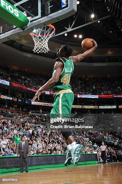 Tony Allen of the Boston Celtics elevates for a dunk during the game against the Utah Jazz at the TD Banknorth Garden on March 14, 2008 in Boston,...