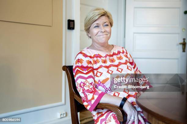 Siv Jensen, Norway's finance minister, reacts during an interview in Oslo, Norway, on Thursday, June 29, 2017. The Norwegian finance minister is...