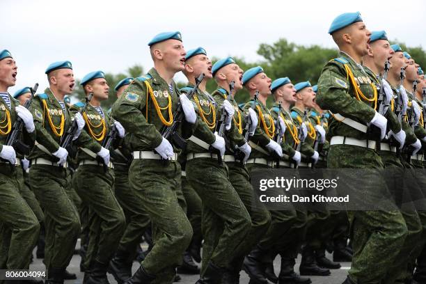 Members of the Airbourne Division march past Belarusian President Alexander Lukashenko on July 3, 2017 in Minsk, Belarus. The parade included around...