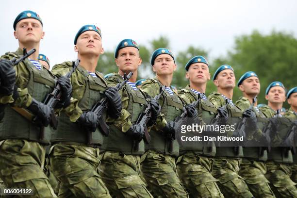 Members of the Airbourne Division march past Belarusian President Alexander Lukashenko on July 3, 2017 in Minsk, Belarus. The parade included around...