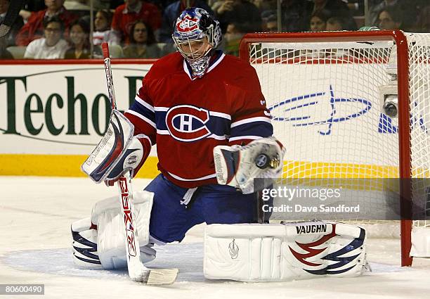 Carey Price of the Montreal Canadiens makes a glove save against the Boston Bruins during Game One of the 2008 NHL Eastern Conference Quarterfinals...