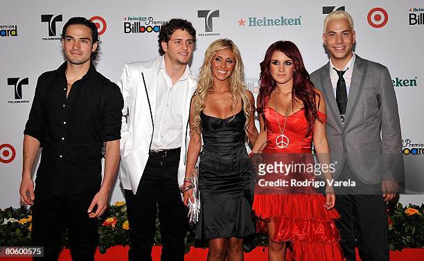 Musicians Alfonso Poncho Herrera Rodriguez, Christopher Uckermann, Anahi, Dulce Mar?a and Christian Chavez of RBD attend the 2008 Billboard Latin...