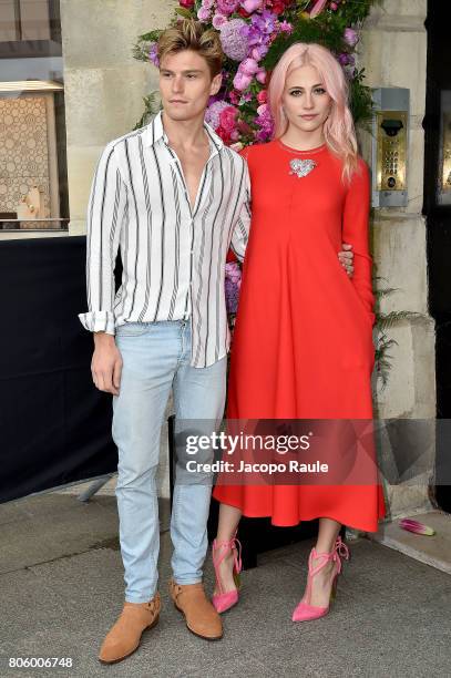 Pixie Lott and Oliver Cheshire are seen arriving at the 'Schiaparelli' show during Paris Fashion Week - Haute Couture Fall/Winter 2017-2018 on July...