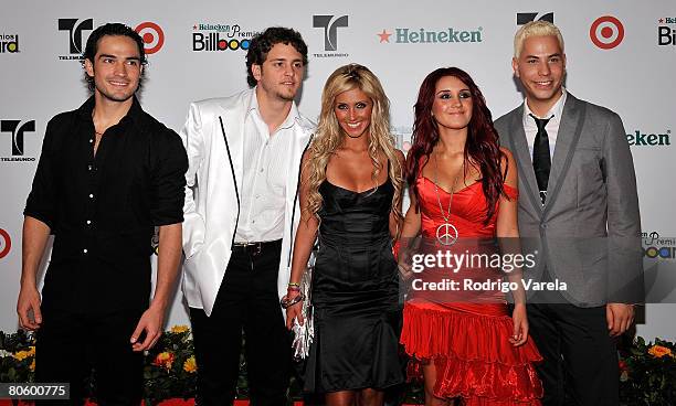 Musicians Alfonso Poncho Herrera Rodriguez, Christopher Uckermann, Anahi, Dulce Mar?a and Christian Chavez of RBD attend the 2008 Billboard Latin...