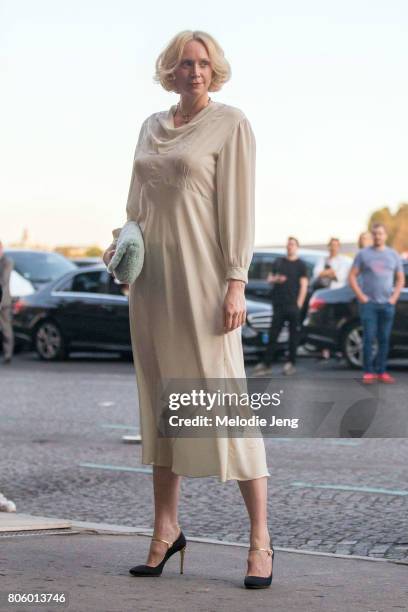 Actress Gwendoline Christie outside the Miu Miu Cruise 2018 show on July 2, 2017 in Paris, France.