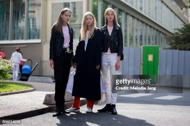 Danish models Nina Marker, Rebekka Eriksen, Lululeika Ravn Liep after the Rodarte show on July 2, 2017 in Paris, France.