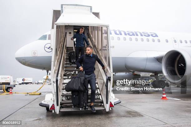 Serge Gnabry departs the plane carrying the Germany U21 National Team at Frankfurt International Airport on July 1, 2017 in Frankfurt am Main,...