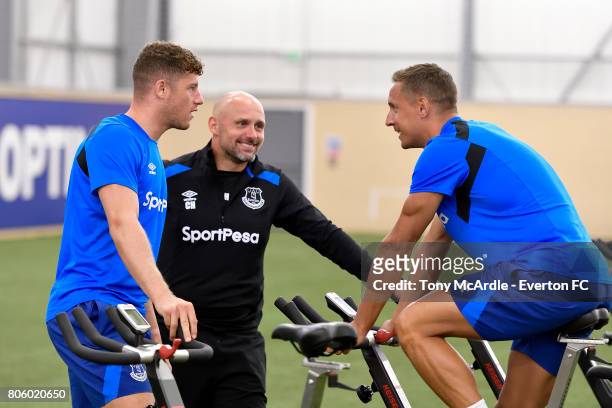 Ross Barkley and Phil Jagielka of Everton return to training at USM Finch Farm on July 3, 2017 in Halewood, England.