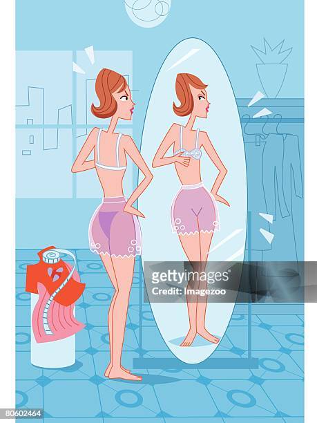 ilustrações, clipart, desenhos animados e ícones de a woman looking in the mirror - bras