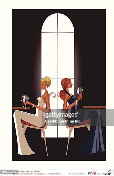 side profile of two women at a table and holding glasses of wine - girls night out stock illustrations