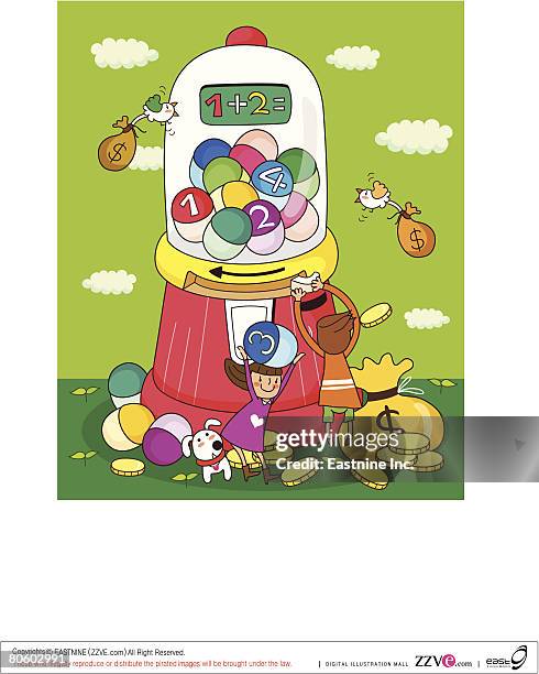 two girls near a gumball machine - dog number 2 stock illustrations